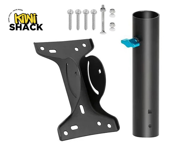 Kiwi Shack heavy-duty speaker pole mount bracket kit with adjustable clamp and mounting hardware.