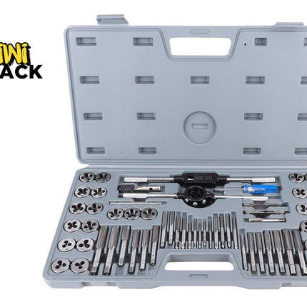 A Kiwi Shack tap and die set displayed in an open gray plastic carrying case on a white background. The set includes various metal tap and die bits, a black and silver tap handle, and a blue-handled tool.