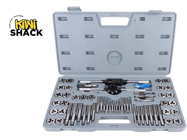 A Kiwi Shack tap and die set displayed in an open gray plastic carrying case on a white background. The set includes various metal tap and die bits, a black and silver tap handle, and a blue-handled tool.