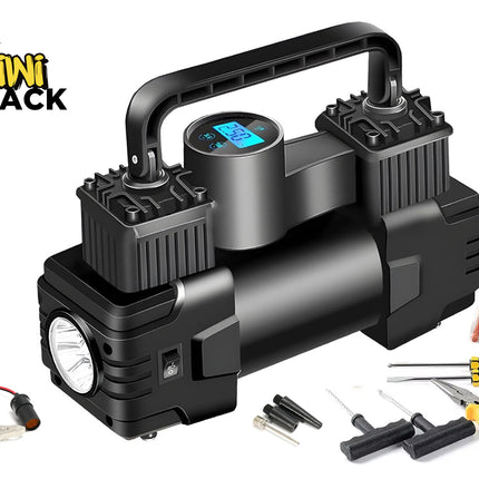A heavy-duty portable air compressor pump and tire repair kit with a black dual-cylinder unit, a built-in digital display gauge, an integrated LED flashlight, battery clamps, a utility knife, screwdrivers, pliers, and tire plugging tools against a white background, featuring the "Kiwi Shack" logo in the upper left corner.