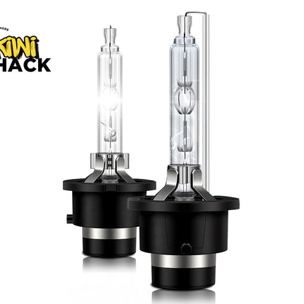 Two car headlight bulbs with black casings on a white background, featuring the Kiwi Shack logo.