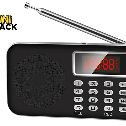Black portable radio with digital display and keypad on a white background, featuring the Kiwi Shack brand.