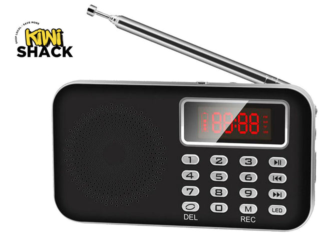 Black portable radio with digital display and keypad on a white background, featuring the Kiwi Shack brand.