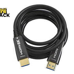 A coiled black HDMI cable with gold and blue connector ends, shown on a white background with a Kiwi Shack logo in the top-left corner.
