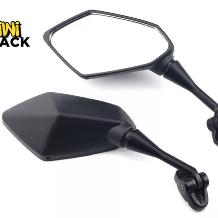 Two black motorcycle mirrors on a white background with 'Kiwi Shack' branding.
