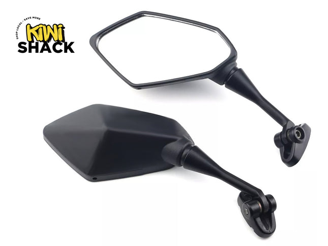 Two black motorcycle mirrors on a white background with 'Kiwi Shack' branding.
