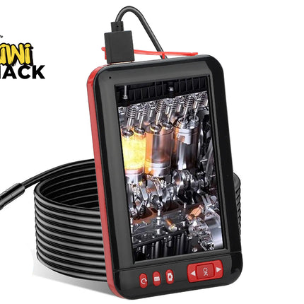 A black and red handheld engine inspection camera with a coiled black cable, displaying an engine view on its screen. The Kiwi Shack logo is visible in the top-left corner.