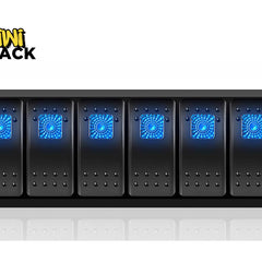 A black six-gang rocker switch panel featuring waterproof housing and blue LED-illuminated textured switch buttons against a white background, featuring the "Kiwi Shack" logo in the upper left corner.
