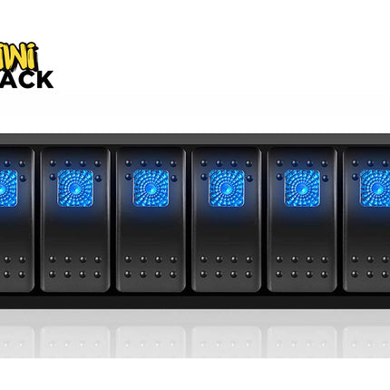 A black six-gang rocker switch panel featuring waterproof housing and blue LED-illuminated textured switch buttons against a white background, featuring the "Kiwi Shack" logo in the upper left corner.