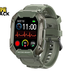Green smartwatch with a detailed display on a white background, featuring the brand 'Kiwi Shack'.