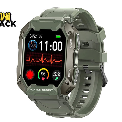 Green smartwatch with a detailed display on a white background, featuring the brand 'Kiwi Shack'.