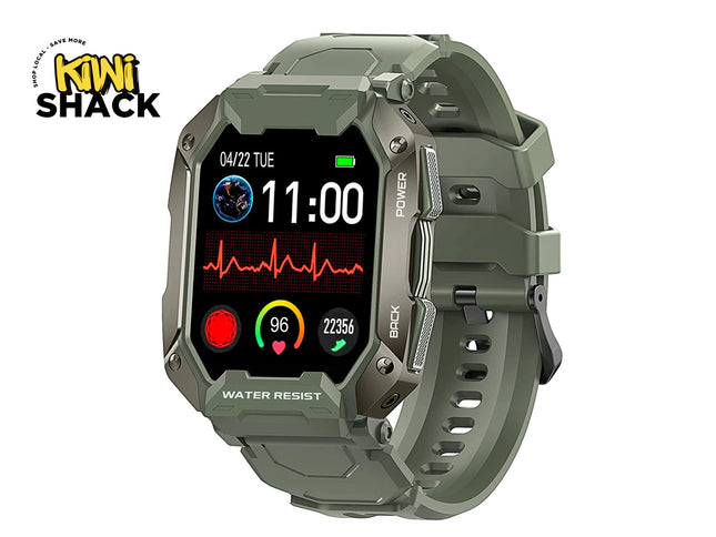 Green smartwatch with a detailed display on a white background, featuring the brand 'Kiwi Shack'.