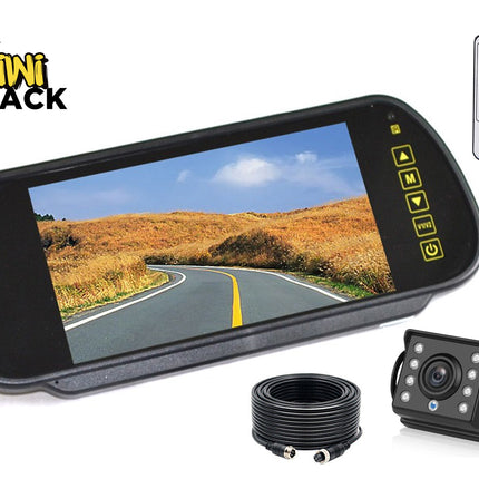 Kiwi Shack car monitor system with screen displaying a road, camera, and remote control on a white background.