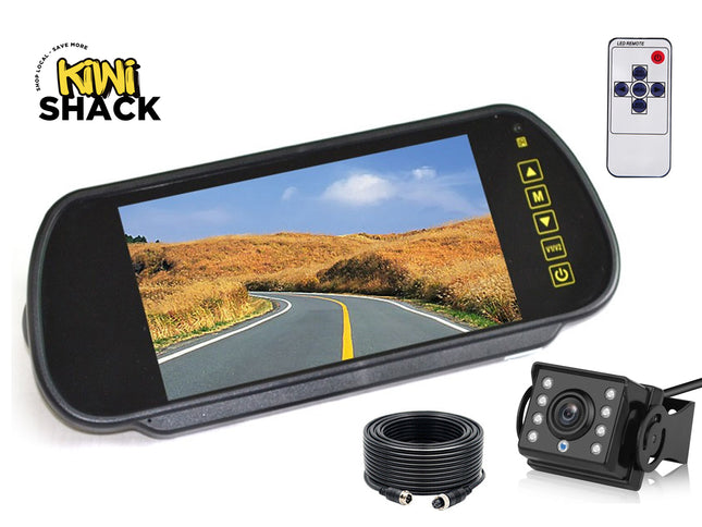 Kiwi Shack car monitor system with screen displaying a road, camera, and remote control on a white background.