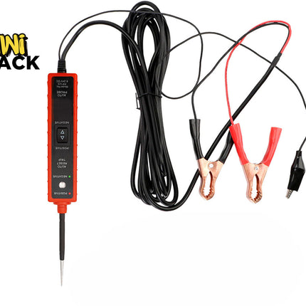 Red and black automotive electrical circuit tester probe with a metal tip, multi-wire cable coil, indicator LEDs, up/down rocker switch, and battery clamp attachments, branded with the "Kiwi Shack" logo in the top-left corner.