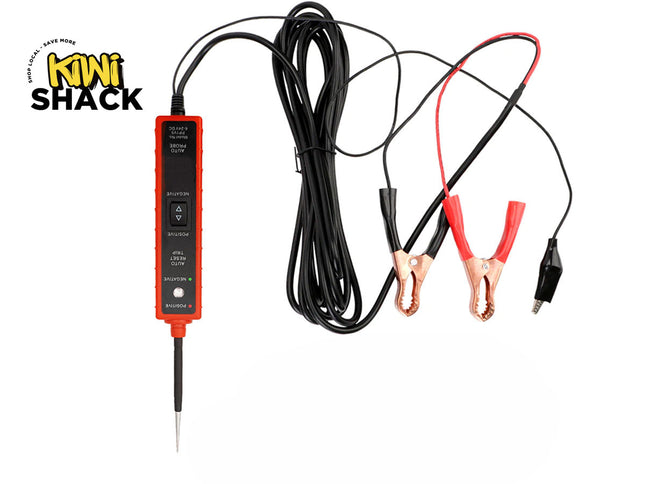 Red and black automotive electrical circuit tester probe with a metal tip, multi-wire cable coil, indicator LEDs, up/down rocker switch, and battery clamp attachments, branded with the "Kiwi Shack" logo in the top-left corner.
