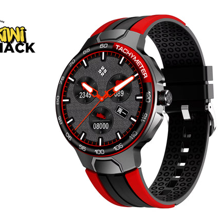 Wristwatch with red and black strap on a white background, branded 'Kiwi Shack'.