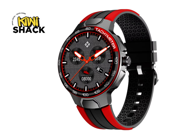 Wristwatch with red and black strap on a white background, branded 'Kiwi Shack'.