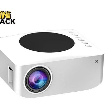 White projector with a remote control on a white background, featuring the Kiwi Shack brand.