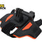 A black and orange action camera chin mount with an integrated mounting buckle, thumbscrew, and adjustable velcro strap for motorcycle helmets, set against a white background. A "Kiwi Shack" logo appears in the top-left corner.