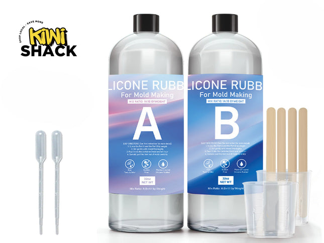 Two large translucent plastic bottles of platinum silicone rubber for mold making labeled part "A" (pink/blue gradient label) and part "B" (blue label) with mix ratio "1A:1B by weight", accompanied by two plastic pipettes on the left, mixing cups and wooden mixing sticks on the bottom right, and the Kiwi Shack logo watermark.