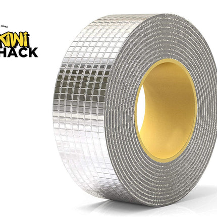 Roll of silver mesh tape with yellow center on a white background, featuring Kiwi Shack logo.