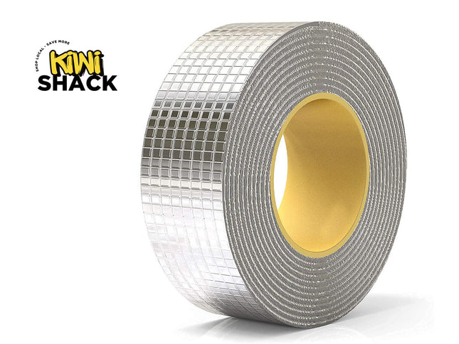 Roll of silver mesh tape with yellow center on a white background, featuring Kiwi Shack logo.