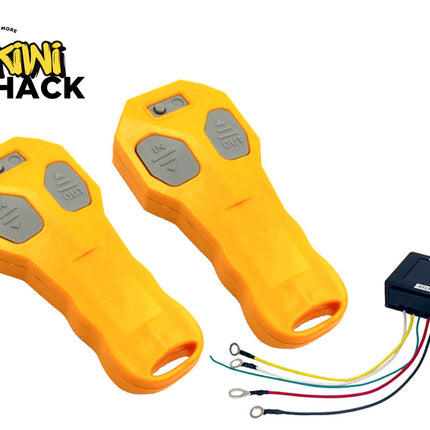 Two yellow detectors with a control box and wires on a white background, featuring the Kiwi Shack logo.
