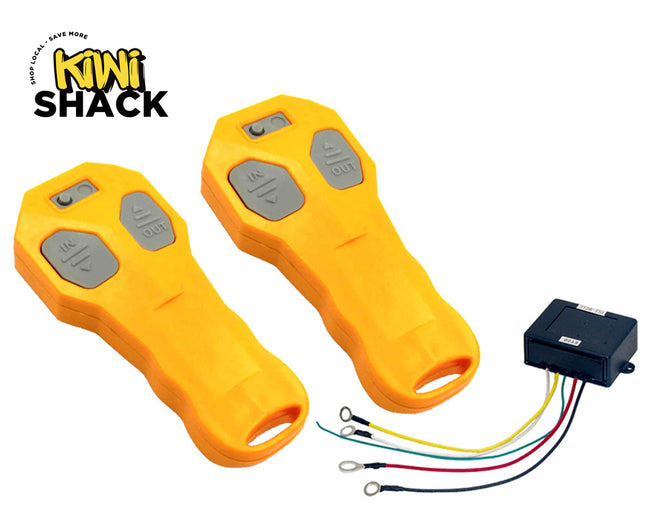 Two yellow detectors with a control box and wires on a white background, featuring the Kiwi Shack logo.