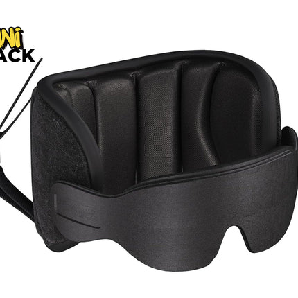 Black ergonomic headrest / neck support pillow for car seats or travel with segmented vertical padding, an adjustable strap with a side-release buckle, and the Kiwi Shack logo watermark.