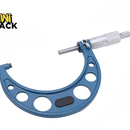 Kiwi Shack blue frame outside micrometer precision measuring instrument with a calibrated thimble and spindle.