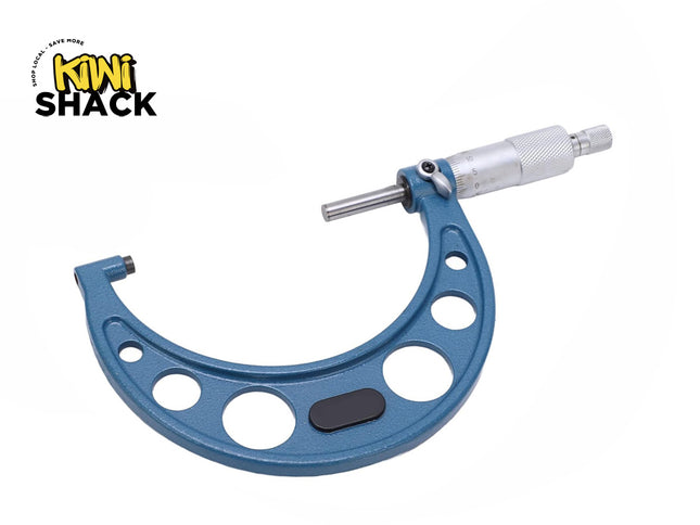 Kiwi Shack blue frame outside micrometer precision measuring instrument with a calibrated thimble and spindle.