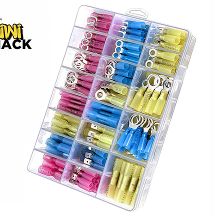 Clear plastic compartmentalized storage box filled with assorted color-coded electrical wire crimp terminals (pink, blue, yellow) including ring, spade, and butt connectors, featuring Kiwi Shack logo in top left.