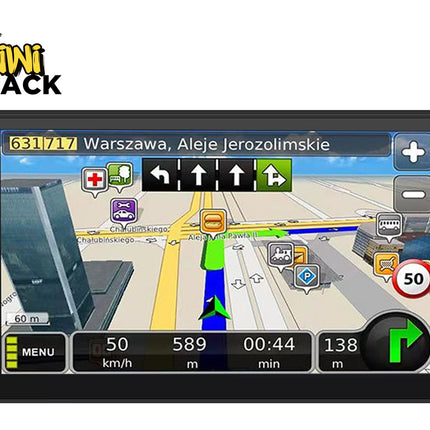 Car navigation system with map display on a white background, featuring the Kiwi Shack logo.