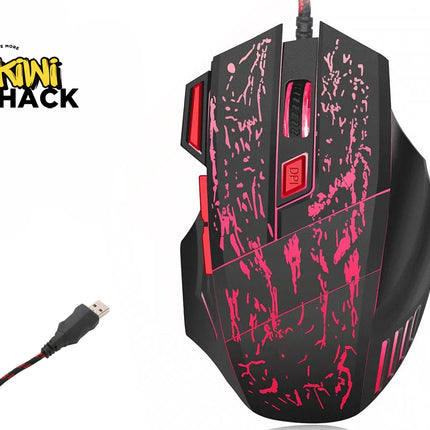 A wired black and red gaming mouse with custom cracked patterns, side buttons, and a USB cable, featuring the "Kiwi Shack" logo in the top-left corner.