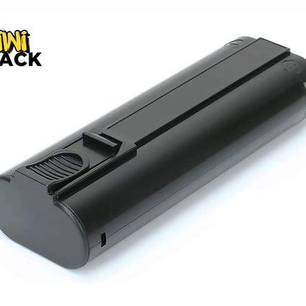 A black rechargeable battery pack with a sliding latch mechanism and terminal markings, featuring the "Kiwi Shack" logo in the top-left corner.