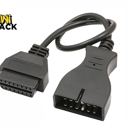 A black OBD2 adapter cable with a 16-pin male connector on one end and a multi-pin female connector on the other, shown on a white background with the Kiwi Shack logo in the top-left corner.