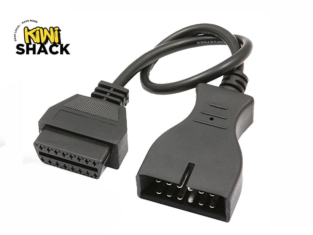 A black OBD2 adapter cable with a 16-pin male connector on one end and a multi-pin female connector on the other, shown on a white background with the Kiwi Shack logo in the top-left corner.