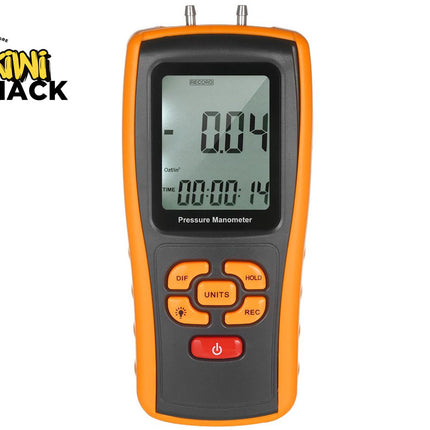Pressure manometer with digital display on a white background, branded with Kiwi Shack.
