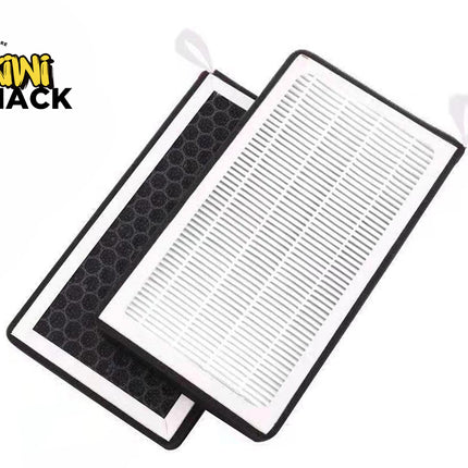 Two replacement air purifier filters shown side-by-side, featuring a white pleated HEPA filter layer and a black honeycomb active carbon filter layer with pull tabs, featuring a "Kiwi Shack" logo in the top left corner.
