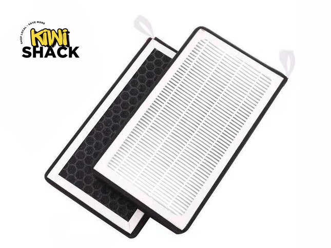 Two replacement air purifier filters shown side-by-side, featuring a white pleated HEPA filter layer and a black honeycomb active carbon filter layer with pull tabs, featuring a "Kiwi Shack" logo in the top left corner.