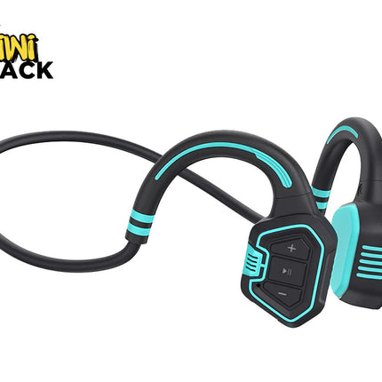 A black and teal wireless bone conduction sports headphone set featuring an open-ear design, flexible neckband, and physical playback control buttons, with a "Kiwi Shack" logo in the top left corner.
