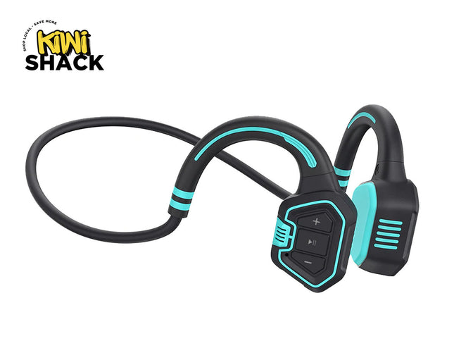 A black and teal wireless bone conduction sports headphone set featuring an open-ear design, flexible neckband, and physical playback control buttons, with a "Kiwi Shack" logo in the top left corner.
