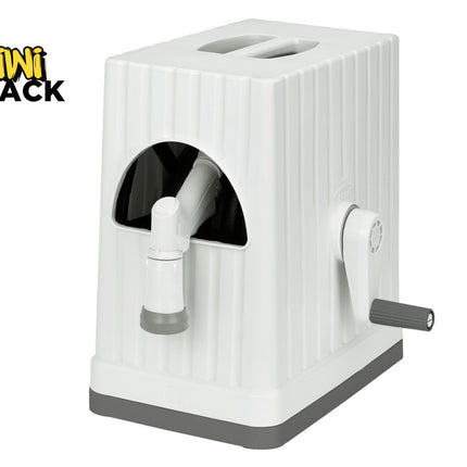 White pencil sharpener with ribbed design on a white background, featuring the Kiwi Shack logo.