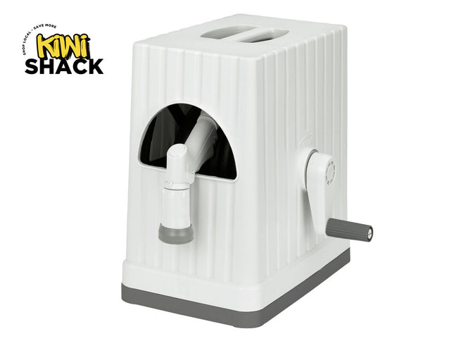 White pencil sharpener with ribbed design on a white background, featuring the Kiwi Shack logo.