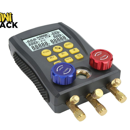 Kiwi Shack HVAC diagnostic tool with digital display and multiple ports on a white background