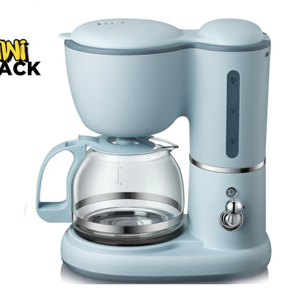 A light blue coffee maker with a glass carafe and silver metal accents, shown on a white background with a Kiwi Shack logo in the top-left corner.