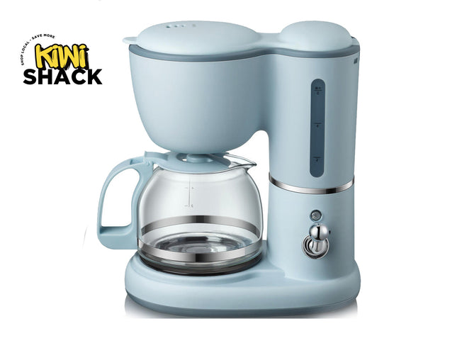 A light blue coffee maker with a glass carafe and silver metal accents, shown on a white background with a Kiwi Shack logo in the top-left corner.