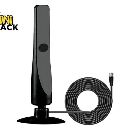 A black digital TV antenna on a round base with a long coiled cable and connector, featuring the "Kiwi Shack" logo in the top-left corner.