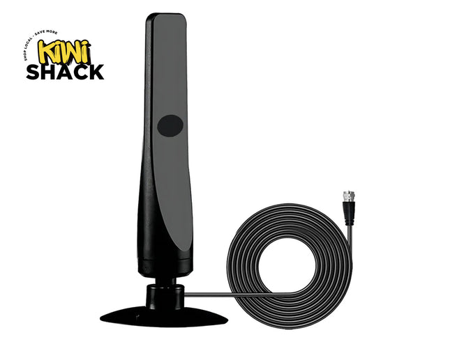 A black digital TV antenna on a round base with a long coiled cable and connector, featuring the "Kiwi Shack" logo in the top-left corner.